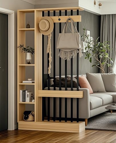 Wall Room Divider, Modern Freestanding Wood Room Divider Screen with Coat Rack Cabinet and Display Shelf for Home Office Decorative (Khaki,39.5" L x 11.8" W x 79" H) Kavie