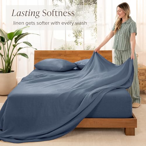 Bare Home Twin Extra Long Sheet Set - Luxury 100% European Linen - Deep Pockets - Easy Fit - 3 Piece Set - Bedding Sheets & Pillowcases (Twin XL, Indigo) Bare Home