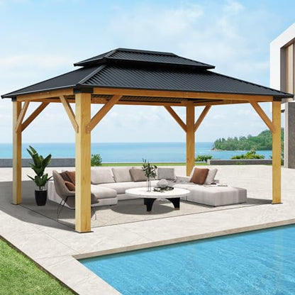 COVERONICS 13FT x 15FT Outdoor Cedar Wooden Gazebo - Patio Wood Frame Gazebo with Galvanized Steel Hardtop, Heavy-Duty Hardtop Gazebo with Netting for Garden, Poolside, Deck, Backyard - WoodArtSupply