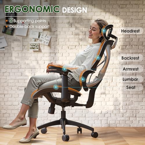 GABRYLLY Ergonomic Office Chair, Big and Tall Mesh Chair with Lumbar Support, 3D armrest - 215° Rotation, Adjustable Headrest & Soft Seat, Durable Desk Chair 350LBS for Work Gaming Computer,Grey GABRYLLY