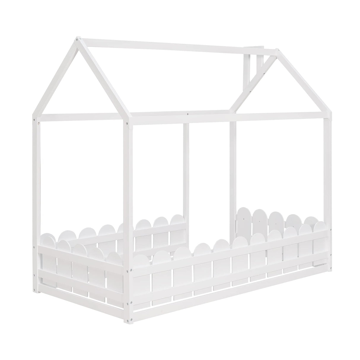 Bellemave Twin Floor Bed with Fence - Stylish Wooden House Bed Frame for Kids and Teens in White Bellemave