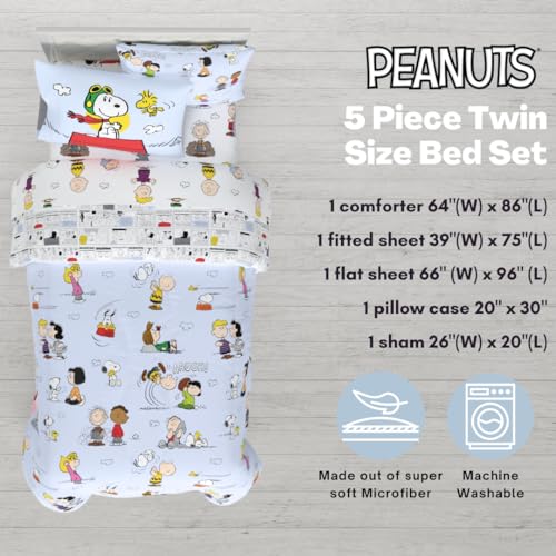 Peanuts Charlie Brown, Snoopy & Gang Bedding, 5 Piece Super Soft Cozy Reversible Comforter and Sheet Set with Sham, Twin, (100% Official Licensed Product) by Franco Collectibles Franco