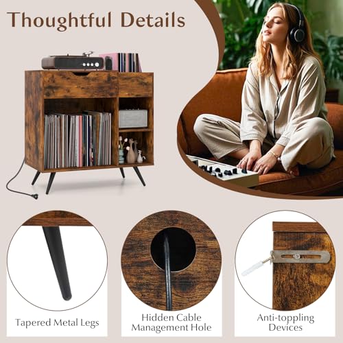 LOKO Record Player Stand with Charging Station, Vinyl Record Holder with Removable Divider, Industrial Turntable Display Stand, Record Storage Table Cabinet for Living Room, Bedroom, Rustic Brown LOKO