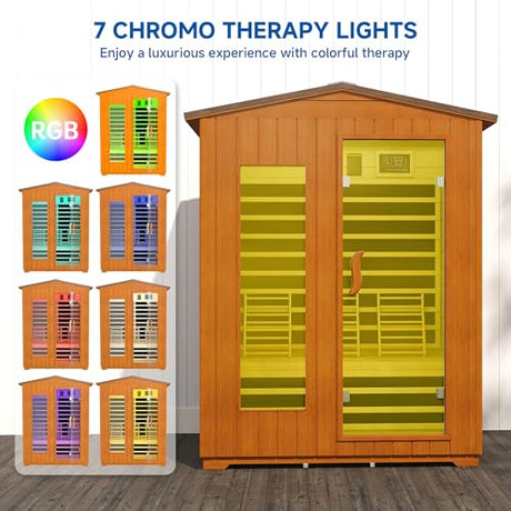 RESTISLAND Outdoor Sauna 3 Person, Far Infrared Sauna for Home Low EMF, Wooden Spa Dry Saunas Room with Infrared Lighting and Bluetooth Speakers, 7 Colors Chromotherapy for Outdoor, Indoor and Gym RESTISLAND