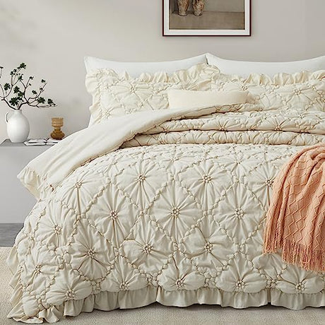 BEDAZZLED King Size Comforter Sets, Beige Bedding Comforter Set, 3 Pieces Pinch Pleat Bedding Sets with Comforter and Pillowcases Soft Farmhouse Shabby Chic Comforter for All Season BEDAZZLED