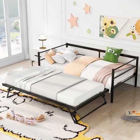 Nahenduo Twin Size Daybed with Pop up Trundle & Adjustable LED Lights, Futon Frame Bed, Metal Sofa Bed Frame for Living Room Bedroom Guest Room, Small Space, No Box Spring Needed (Black) Nahenduo