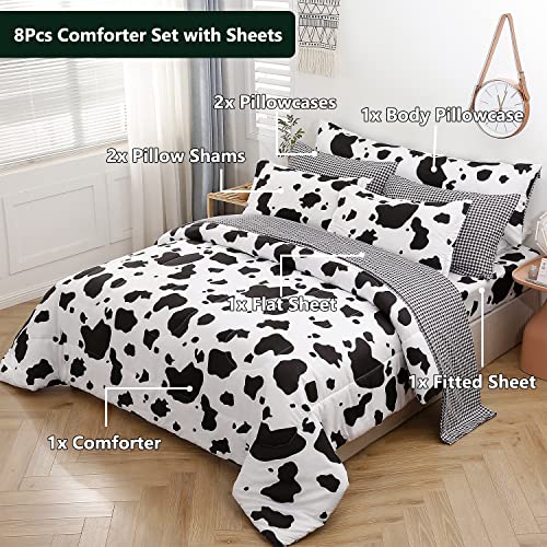 SUCSES Cow Print Queen Comforter Set with Sheets 8Pcs Bed in A Bag Queen Size Bedding Set Geometric Black and White Duvets for All Season SUCSES