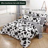 SUCSES Cow Print Queen Comforter Set with Sheets 8Pcs Bed in A Bag Queen Size Bedding Set Geometric Black and White Duvets for All Season SUCSES