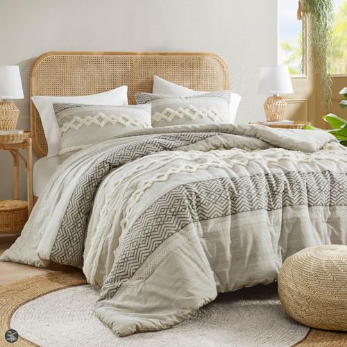 Hyde Lane Farmhouse Comforter Set Gray, Full/Queen Size Boho Bedding Sets, Cotton Top with Modern Neutral Style Clipped Jacquard Stripes, 3-Pieces Including Matching Pillow Shams (90x90 inches) Hyde Lane