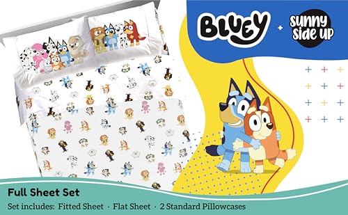 Sunny Side Up Bluey & Friends Full Sheet Set - 4 Piece Kids Bedding Set Includes Pillow Cover - Super Soft Microfiber Sheets Sunny Side Up