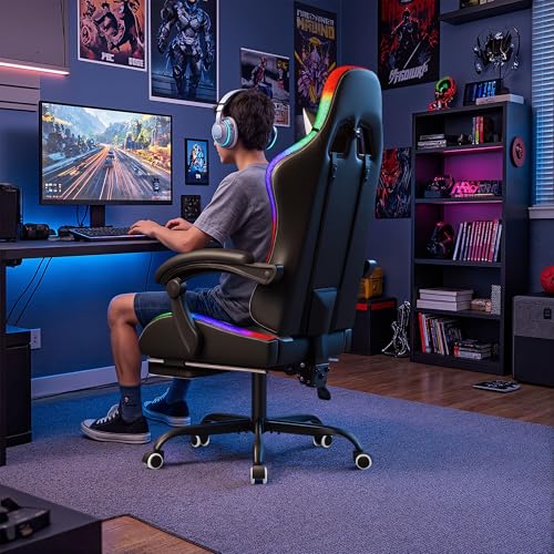 Homall Gaming Chair, Video Game Chair with Footrest and Massage Lumbar Support, Ergonomic Computer Chair Height Adjustable with Swivel Seat and Headrest (RGB Lvory) Homall