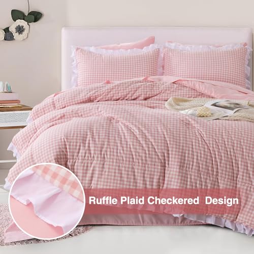 A Nice Night Comforter Twin Size,Pink Ruffle Comforter for Dorm Room Essentials for Twin Bed,Plaid Checkered Chic Bedding Bed in a Bag for Girls A Nice Night