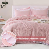 A Nice Night Comforter Twin Size,Pink Ruffle Comforter for Dorm Room Essentials for Twin Bed,Plaid Checkered Chic Bedding Bed in a Bag for Girls A Nice Night