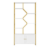 Keyluv 76" Tall Gold Bookshelf with Cabinet Storage, Multifunctional Open Display Bookcase with Door, Large Book Shelf Organizer for Living Room, Home, Office, Heavy Duty Metal & Wood, Modern White Keyluv
