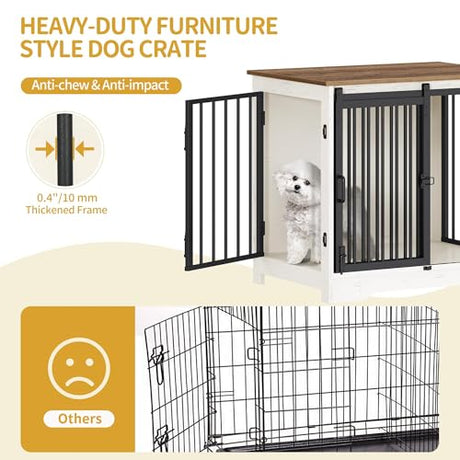 Hzuaneri 27.2" Dog Crate Furniture with Barn Door, Heavy Duty Dog Kennel Indoor with 2 Doors, Wooden Pet Cage End Table for Small Medium Dogs up to 22 lb, Anti-Chew Anti-Escape, White Brown DFC84314B Hzuaneri