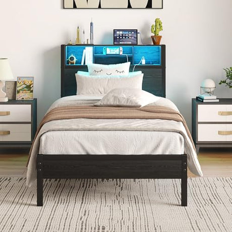 Maliacife Twin Bed Frames with Charging Station and LED Lights,Twin Size Platform Bed with Bookcase Storage,Wood Headboard with Metal Slats, No Box Spring Needed, Easy Assembly, Noise-Free, Black Maliacife