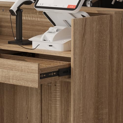 FAMAPY 70.9" L-Shape Reception Desk with Open Display Shelving, 2 Drawers & Cabinets, Modern Reception Counter for Shop Oak 70.9”W x 47.2”D x 39.4”H FAMAPY