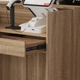 FAMAPY 70.9" L-Shape Reception Desk with Open Display Shelving, 2 Drawers & Cabinets, Modern Reception Counter for Shop Oak 70.9”W x 47.2”D x 39.4”H FAMAPY