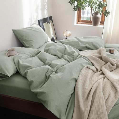 FOSSA Duvet Cover Set 100% Washed Cotton Linen Feel Super Soft Breathable Cozy 3 Pieces Bedding Sets Solid Sage Green King FOSSA