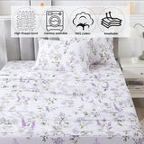 FADFAY Queen Sheets Set 100% Cotton Purple White Bed Sheet, French Country Lilac Lavender Green Leaves Sheets Botanical Pattern Minimalist Bedding, Soft Crisp & Breathable Luxury Deep Pocket Sheet FADFAY
