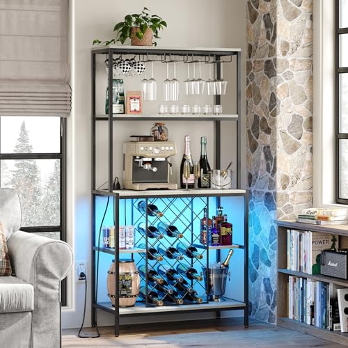 furomate Wine Cabinet with Power Outlets & LED Lights, 5-Tier Industrial Wine Bar Cabinet with Glass Holder, Home Bar Furniture, Wine Ranks for Liquor and Wine Storage, Grey - WoodArtSupply