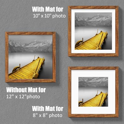 12x12 Picture Frames Solid Wood Display Pictures 10x10 or 8x8 with Mat or 12x12 without Mat - Each 12x12 Inch Square Photo Frames with 2 Mats Wooden