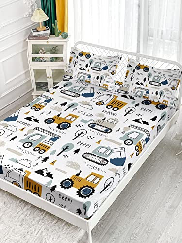 Datura home Woodland Construction Sheets Set 4Pcs for Kids,Cartoon Excavator Truck Lifter Print Sheet Set with 1 Flat Sheet and 1 Fitted Sheet + 2 Pillowcases(Woodland Construction Full) Datura home