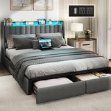 SADENICEL Full Size Bed Frame with Headboard and 2 Storage Drawers, Metal Full Bed Frame Platform with LED Light, Charging Station, No Box Spring Needed, Noise Free, Easy Assembly, Grey SADENICEL