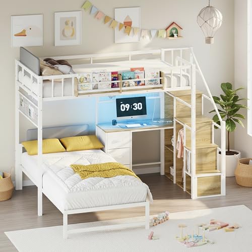Kikihouse Twin Over Twin Loft Bunk Bed with Desk, Stairs, Drawers & Storage Shelves, L-Shaped Metal Bunk Bed with Charging Station & LED Light for Kids, Teens, Adults (Twin Over Twin) Kikihouse