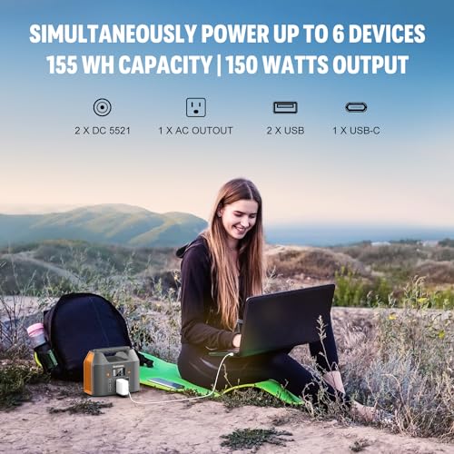 EnginStar Portable Power Station 150W 155Wh Solar Generator 110V 42000mAh Portable Power Bank w/AC Outlet, 6 Outputs External Battery Backup LED Light for Outdoor Camping - WoodArtSupply