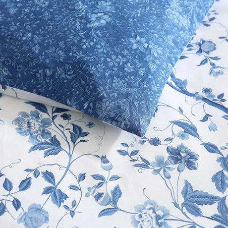Laura Ashley - King Comforter Set, Reversible Cotton Bedding, Includes Matching Shams with Bonus Euro Shams & Throw Pills (Elise Blue, King) Laura Ashley