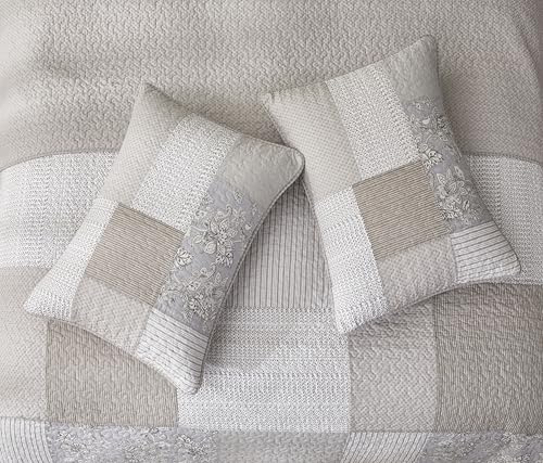 Chezmoi Collection Quinn 3-Piece Neutral Taupe Gray White Floral Hibiscus Flower Candy Stripe Patchwork Quilt Set - Pre-Washed Cotton Coverlet - Lightweight Reversible Bedspread, Queen Size Chezmoi Collection