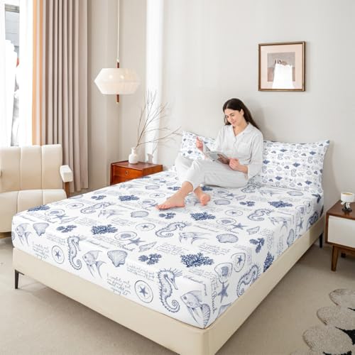 Coastal Sheet Set King Size,Seashell Conch Seahorse Starfish Coral Bedding Set 4Pcs,Ocean Beach Nautical Bed Sheet for Kids Teens Adult Room Decor,Navy White Fitted + Flat Sheet,2 Pillowcases Homewish