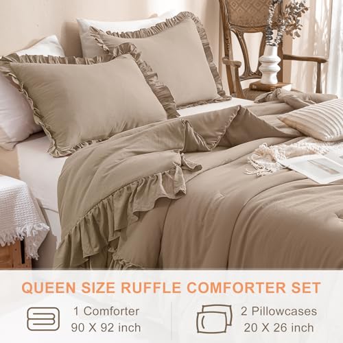 QSH 3PCs Light Taupe Ruffled Comforter Set Queen Size,Shabby Boho Chic Bedding Comforter Sets Queen, Ultra Soft Farmhouse Lightweight Microfiber Inner Fill Bed Comforter Set QSH