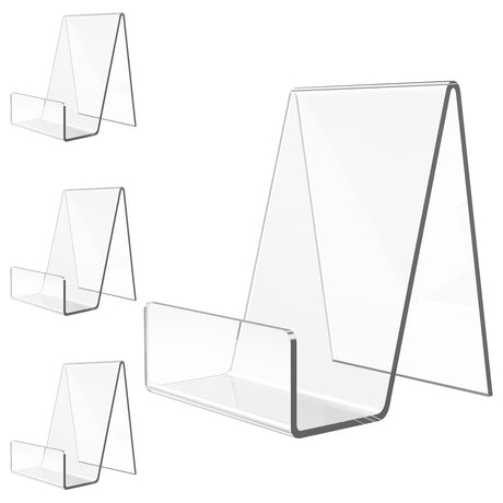 Suneerplay 4 Pack Acrylic Book Stand, Book Holder for Display, Clear Easel Stand for Display, Display Holder for Postcard, CD, Frame, Picture, Magazine, Plate, Phone, Sticker Suneerplay