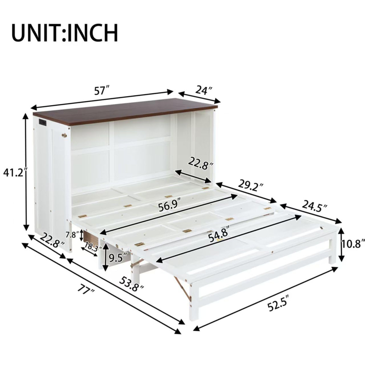 DaiNNCN Cabinet Murphy Bed with Storage Drawer and Charging Station,Cube Foldable Platform Bed,Space-Saving for Living Room,No Box Spring Needed,Full Size,White+Walnut DaiNNCN