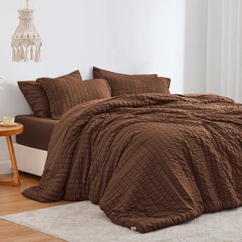 Love's cabin Seersucker Brown Full Comforter Set, 7-Piece All Season Lightweight Bed in a Bag Bedding Set with Comforter, Flat Sheet, Fitted Sheet, Pillowcases and Shams