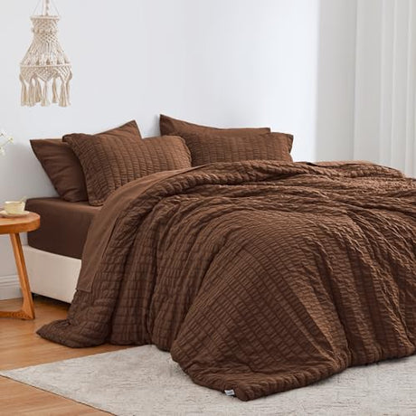 Love's cabin Seersucker Brown Queen Comforter Set, 7-Piece All Season Lightweight Bed in a Bag Bedding Set with Comforter, Flat Sheet, Fitted Sheet, Pillowcases and Shams Love's cabin