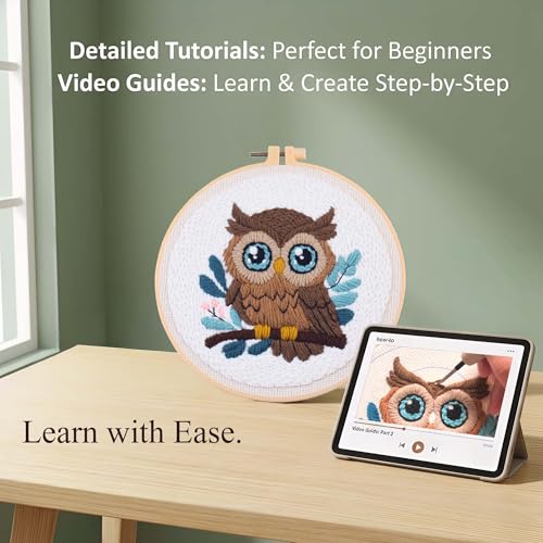 Harimau Punch Needle Kit Owl Pattern,1Pc Embroidery Hoop, Essential Punch Needle Supplies,Ideal Punch Art for Beginners,DIY Adults Embroidery, Video Teaching