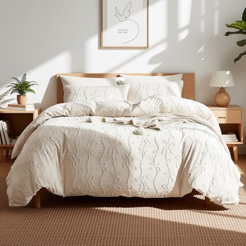 Jameswish 7 Pieces Bow Tufted Boho Comforter Set Khaki Farmhouse Shabby Chic Embroidered Bedding for All Seasons Full Size with Comforter Sheets Pillowcases Shams Jameswish