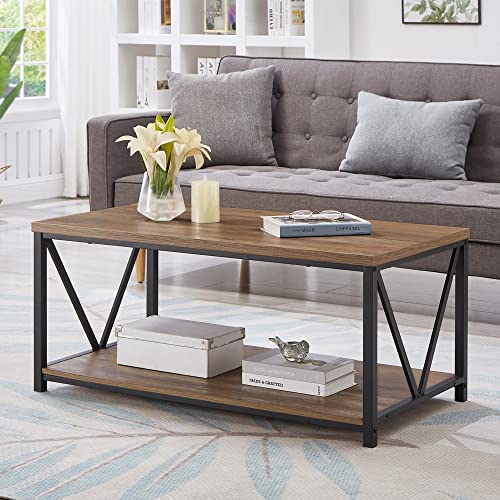 FOLUBAN Rustic Coffee Table with Storage Shelf, Vintage Wood and Metal Cocktail Table for Living Room, Oak - WoodArtSupply