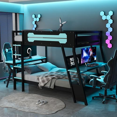 Merax Bunk Bed with Two Built-in Gaming Desks, USB Desktop Ports & Pegboard Organizer, Gaming Bunk Frame for Gamer, Full Size, Cloud Blue