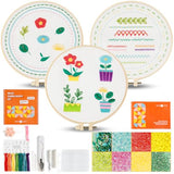 HTVRONT Sparkling Bead Embroidery Kit for Beginners- 3 Sets Complete Embroidery Kits with Step by Step Stitch Video & Instruction, Starter Embroidery Kit with 11 Stitches for Gifts for Woman