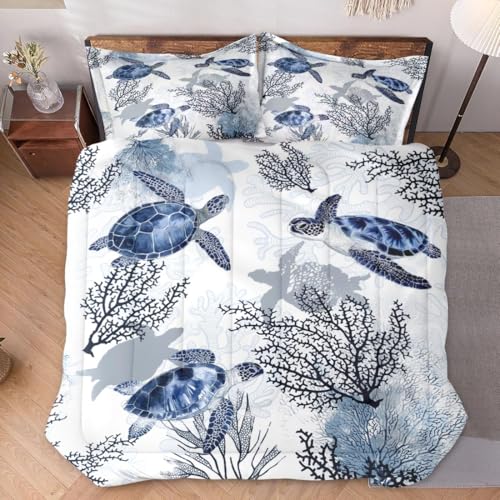 WeCozy Twin Size Comforter Set with Pillowcase, Animal Blue Turtle Sea Coral Soft 2 Pcs Bedding for Kids and Adults Bedroom Bed Decor WeCozy