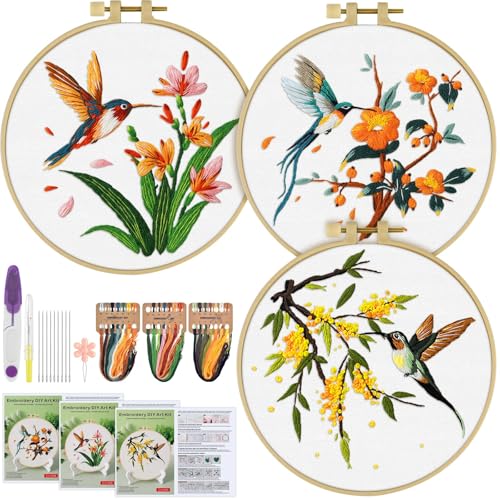 ERKOON 3 Sets Embroidery Kit, Hummingbird Cross Stitch Set for Include Embroidery Cloth Hoops Threads for Craft Lover Hand Stitch (Hummingbird)