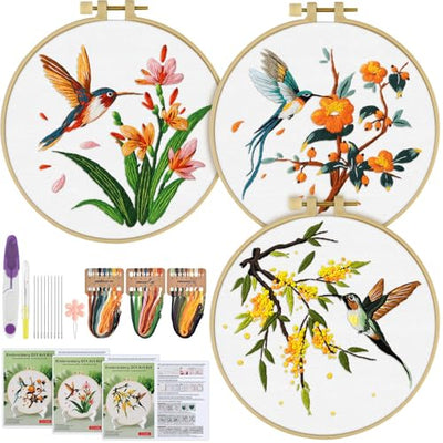 ERKOON 3 Sets Embroidery Kit, Hummingbird Cross Stitch Set for Include Embroidery Cloth Hoops Threads for Craft Lover Hand Stitch (Hummingbird)