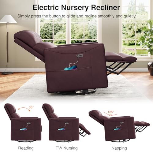 Welzona Power Swivel Rocker Recliner, Power Recliner Chair, 360° Swivel Small Recliners for Small Spaces, Infinite Position Rocking Chair Nursery, PU Leather Living Room Chairs USB Port, Burgundy Red