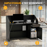 Reception Desk with Counter, Modern Front Desk Reception Room Table with LED Lights, Retail Checkout Counter with Lockable Drawers & Power Outlets for Lobby, Salon, Home Office Desk, Black