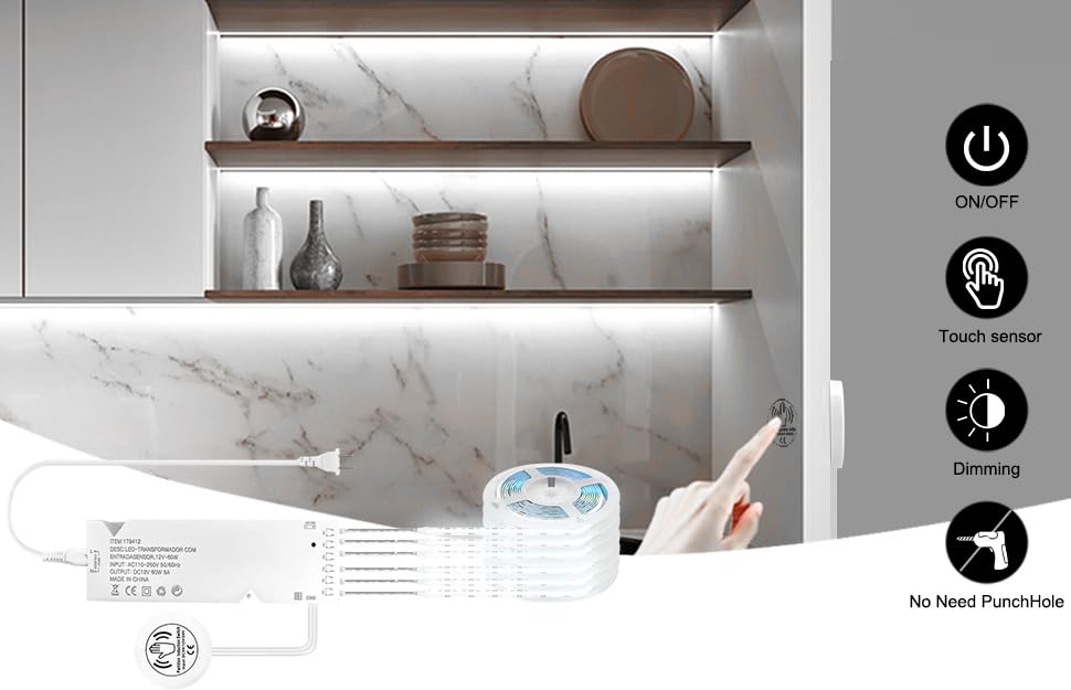 Under Cabinet COB LED Light Strip Kit,12V 6 Rolls 3.3FT White COB LED Strip Lights with Penetrable Wooden Board Hidden Touch Sensor Switch for DIY Kitchen,Wardrobe,Shelf,Display Cabinet Ligting Living Amazy