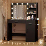 JUMMICO 35.4" Vanity Desk with LED Mirror & Power Outlet, Makeup Vanity Table with 3 Open Storage Shelves, Drawers and Cabinet, 3 Model Adjustable Lights for Bedroom & Dressing Room (Black) JUMMICO